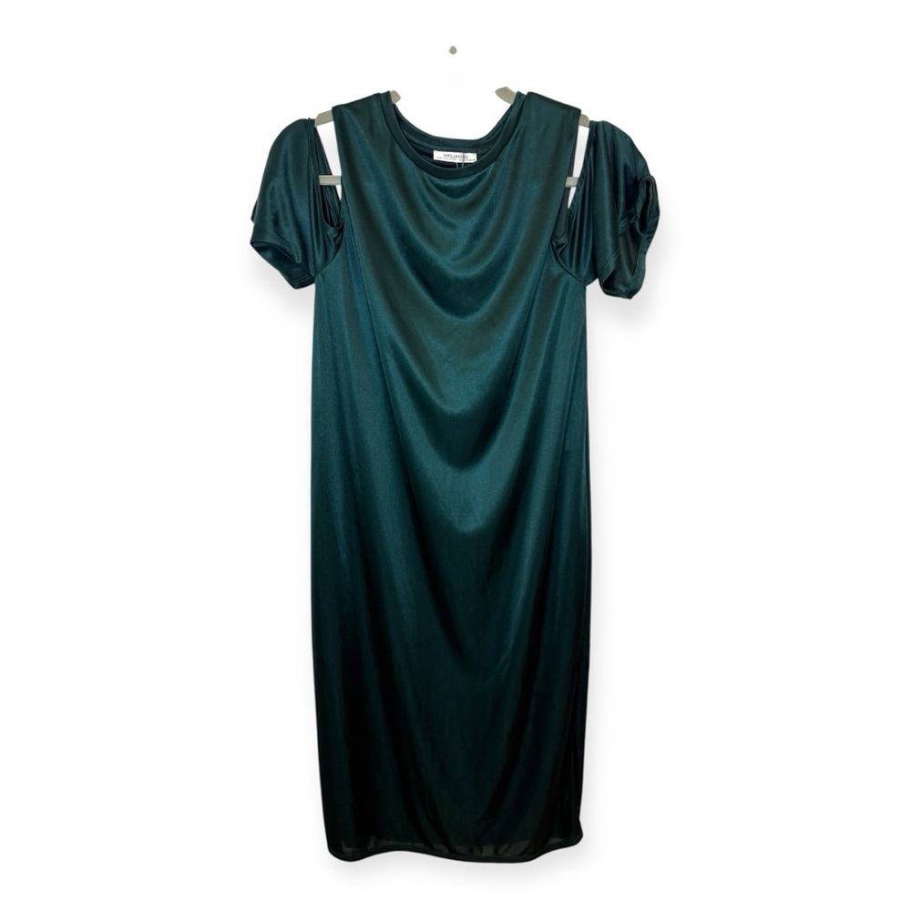 ZARA TRF Emerald Green Satin Midi Dress Cold Shoulder Evening Formal Small NWT - Picture 1 of 6